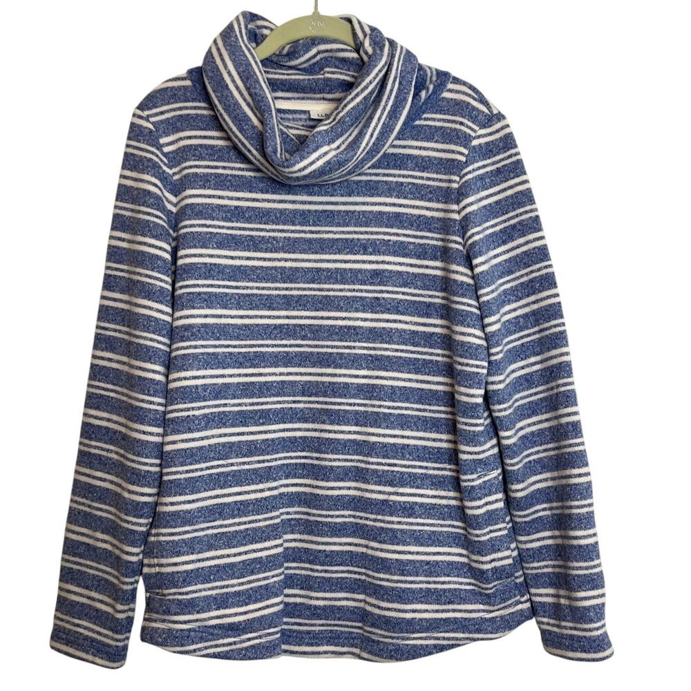 L.L.Bean Womens Cowl Neck Pullover Sweater M Blue White Stripe Long Sleeve